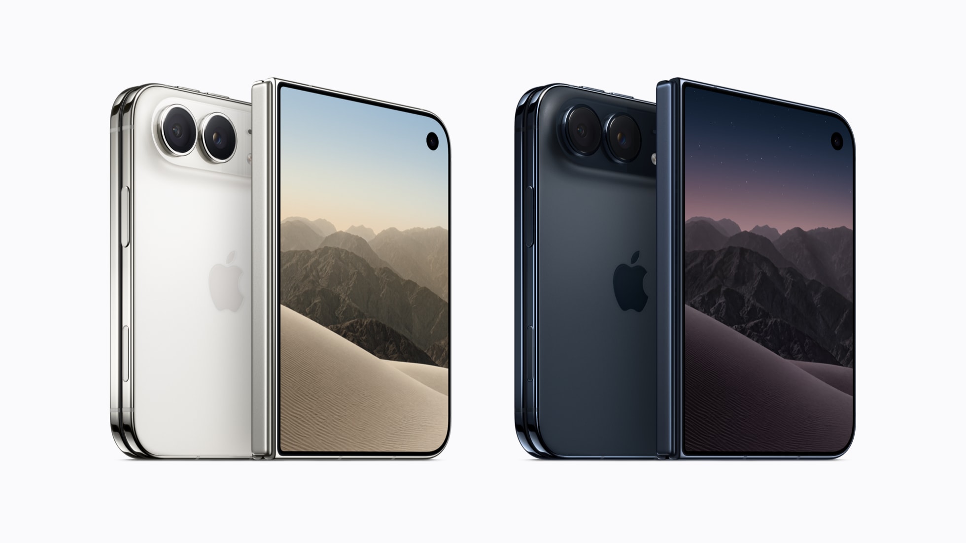图片展示四台 iPhone Duo,分别以正面朝前和背面朝前摆放,提供星光白色与夜空色两种配色。