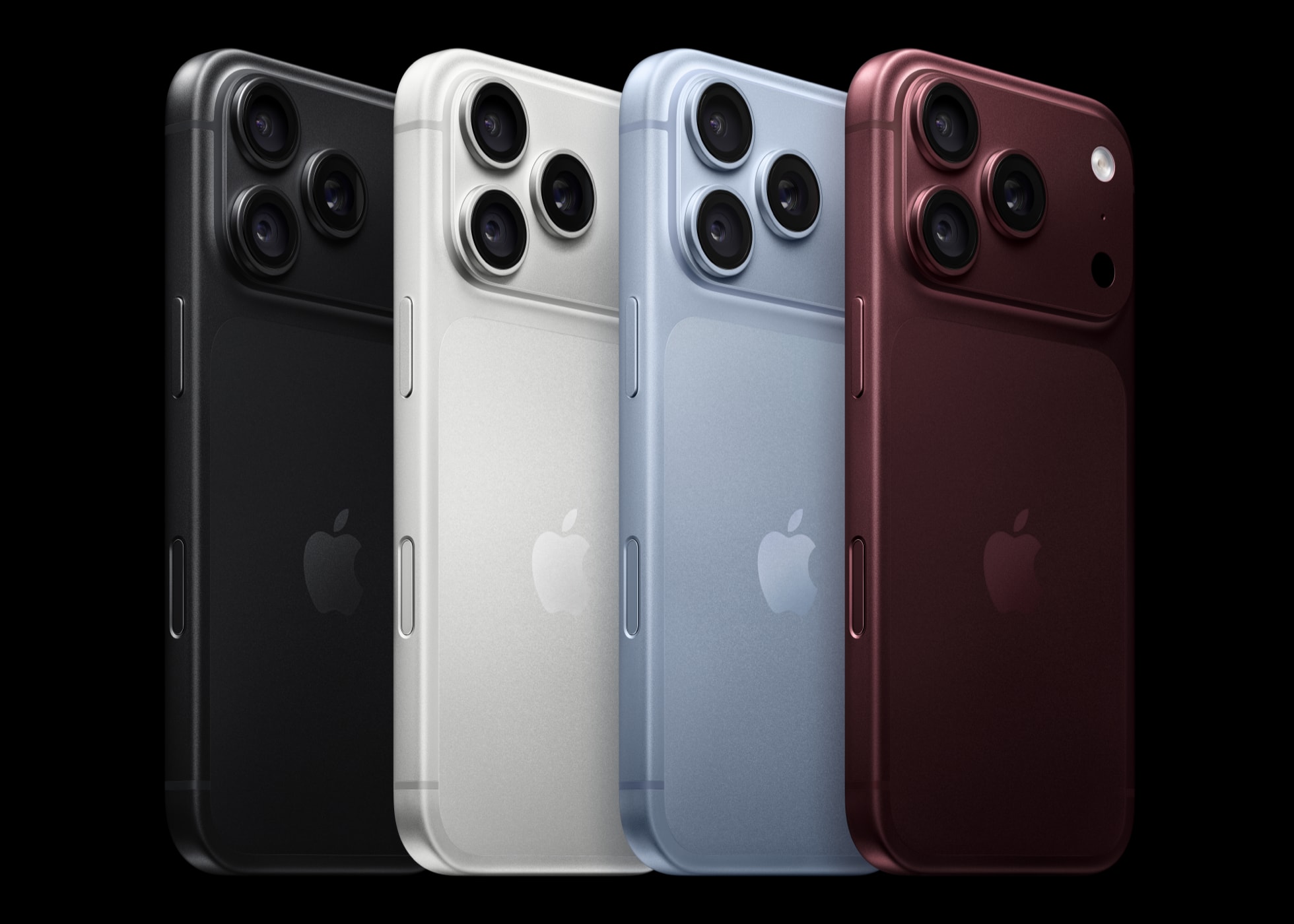展示黑色、银色、冰川蓝色和勃艮第酒红色 iPhone 18 Pro。